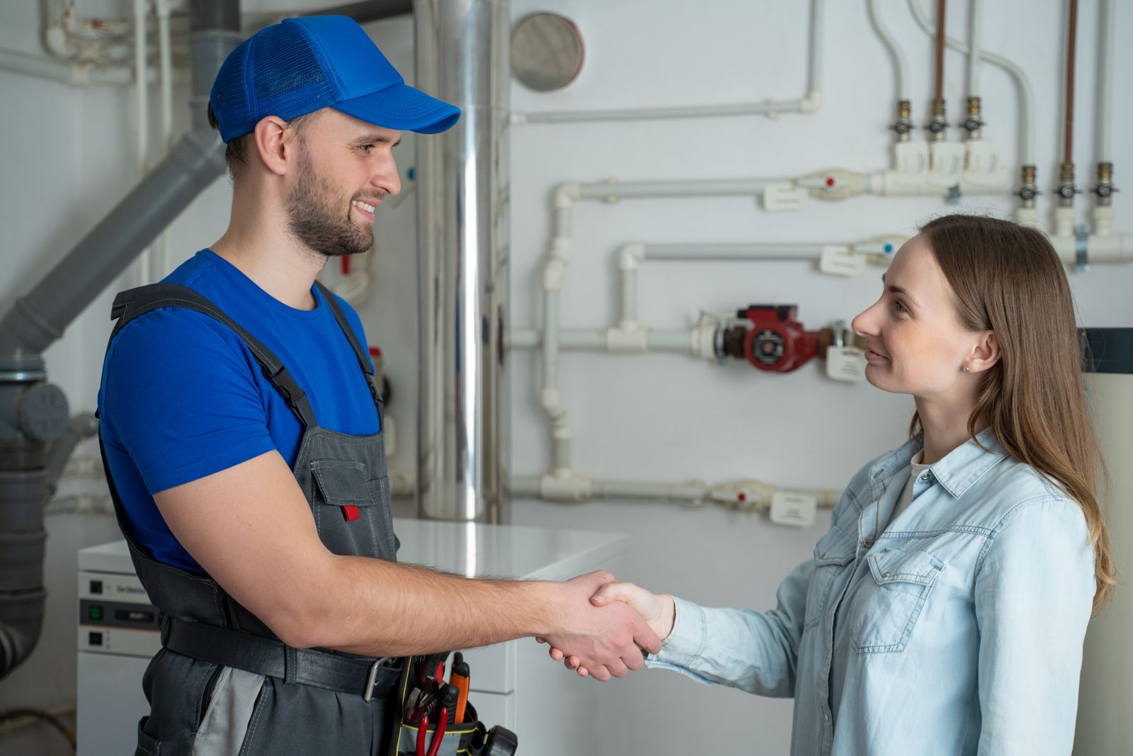 A male HVAC or plumbing technician in uniform shaking hands with a female client in a utility room.