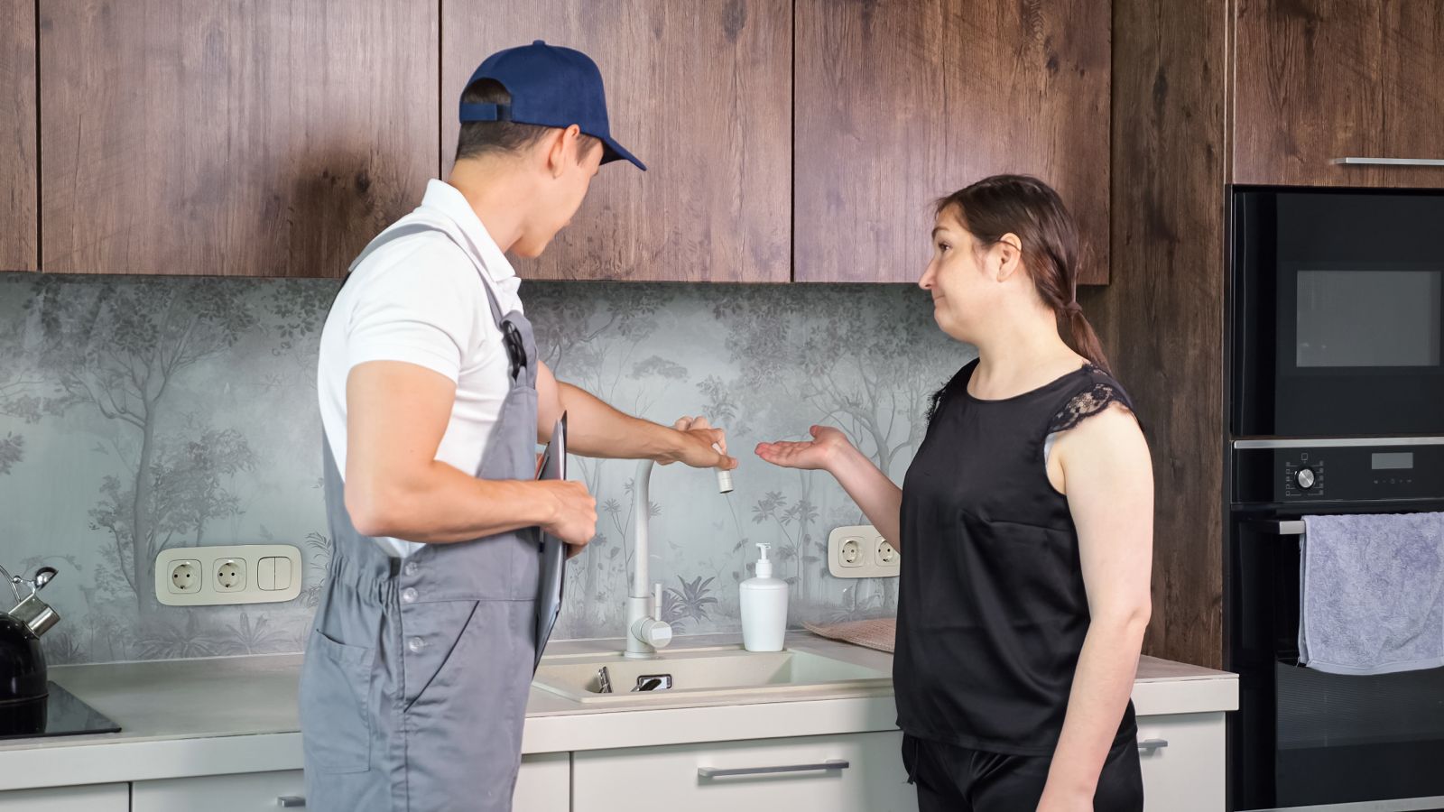 A plumber in overalls and a baseball cap explaining a faucet issue to a woman in a modern kitchen.