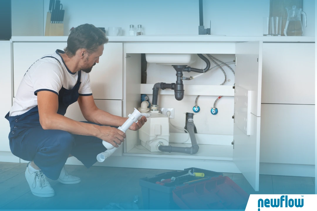 Plumber in overalls crouching under a kitchen sink, holding a piece of white PVC pipe.