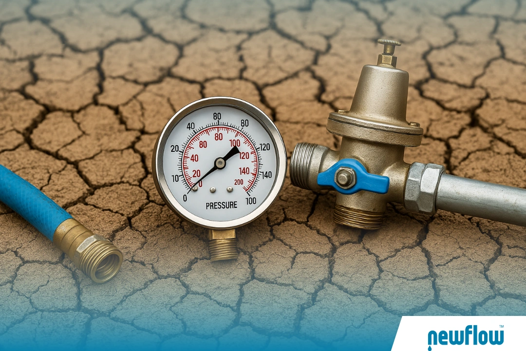 Water pressure gauge and plumbing valve on cracked dry ground during heatwave