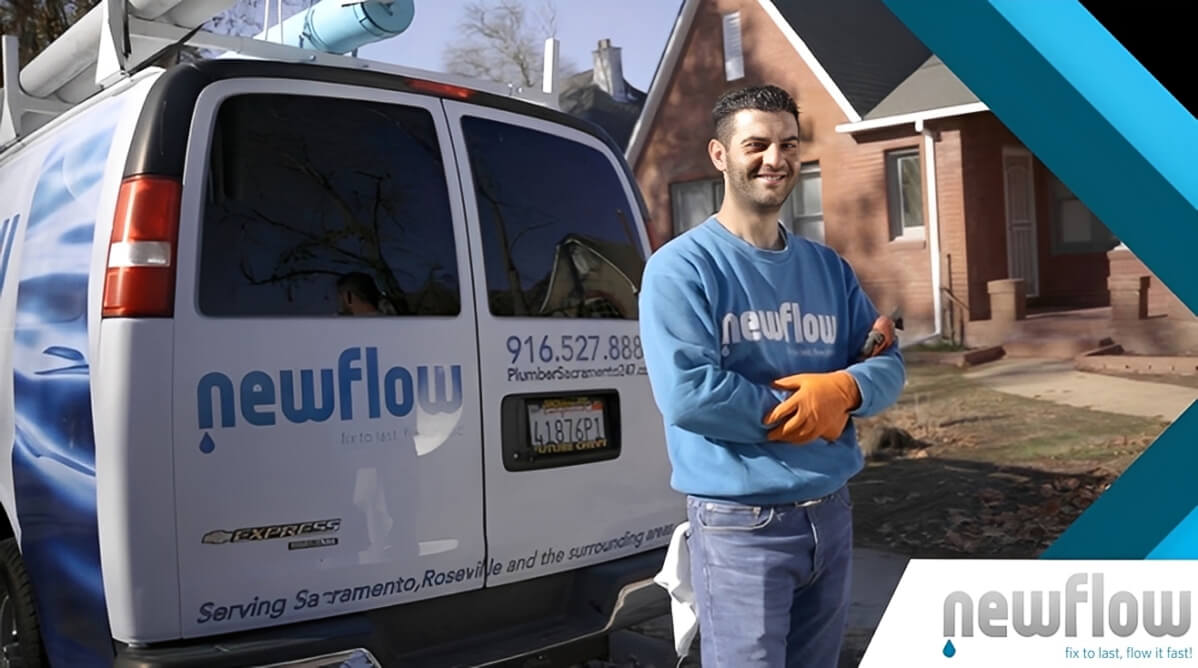 A smiling plumber in a blue "newflow" sweatshirt and orange gloves stands confidently with arms crossed in front of a branded white service van. The van displays the company name "newflow," a phone number "916.527.8888," and service areas including Sacramento and Roseville. A residential house is visible in the background.